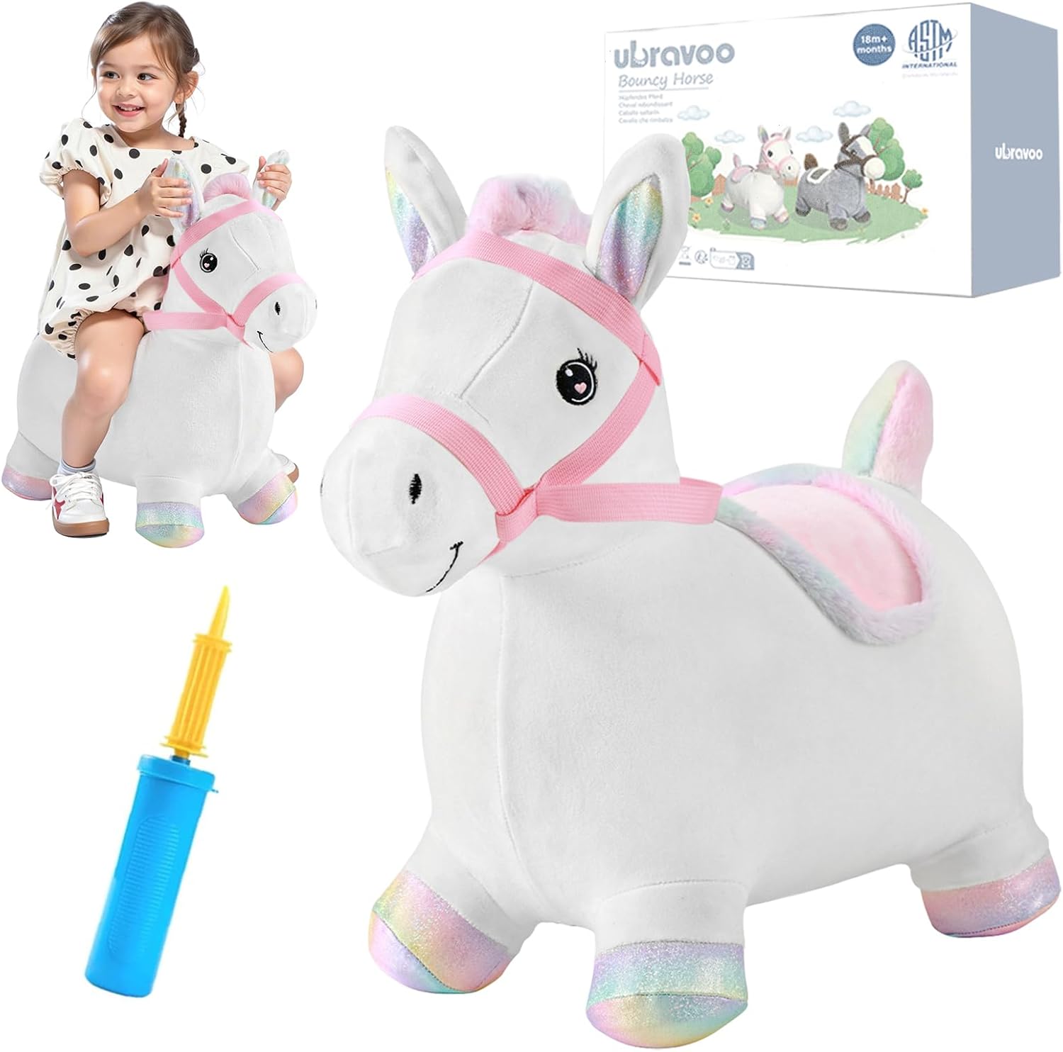 UBRAVOO plush bouncy horse hopper toy front view showcasing white plush body and iridescent ears
