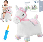 UBRAVOO plush bouncy horse hopper toy front view showcasing white plush body and iridescent ears