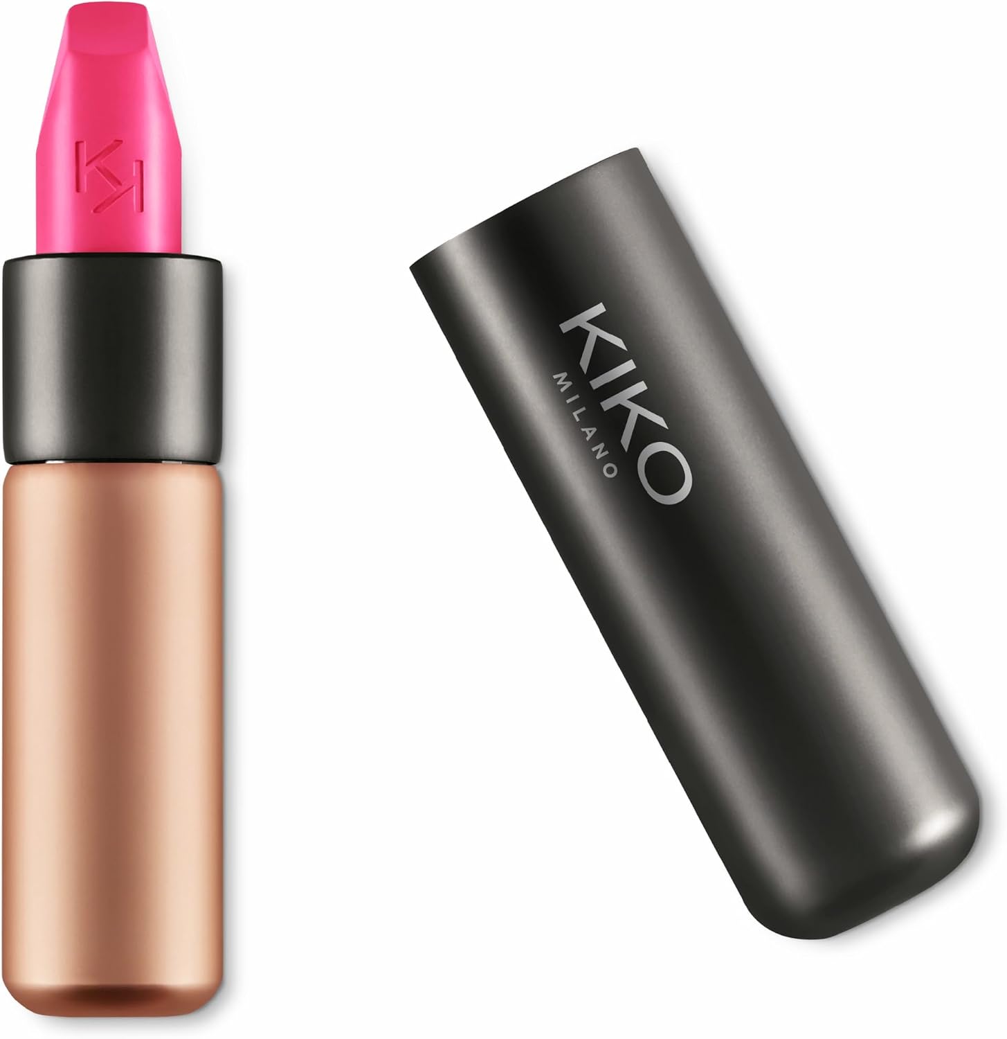KIKO Milano Velvet Passion Matte Lipstick front view in metallic gunmetal casing