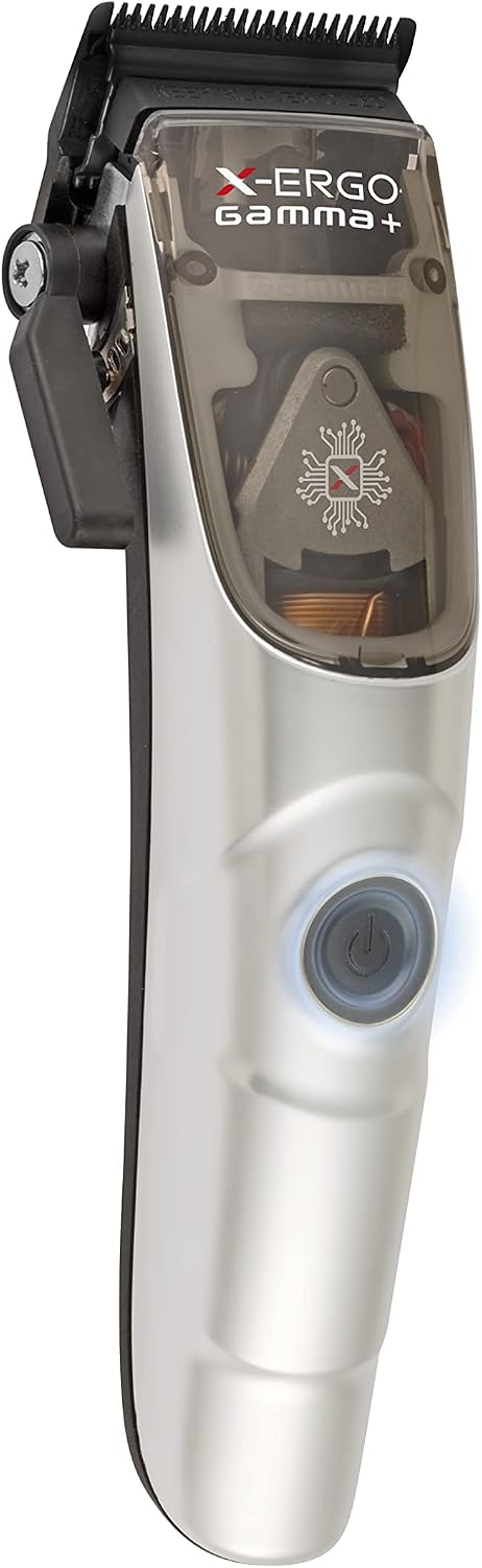 Gamma+ X-Ergo cordless hair trimmer highlighting adjustable DLC blade