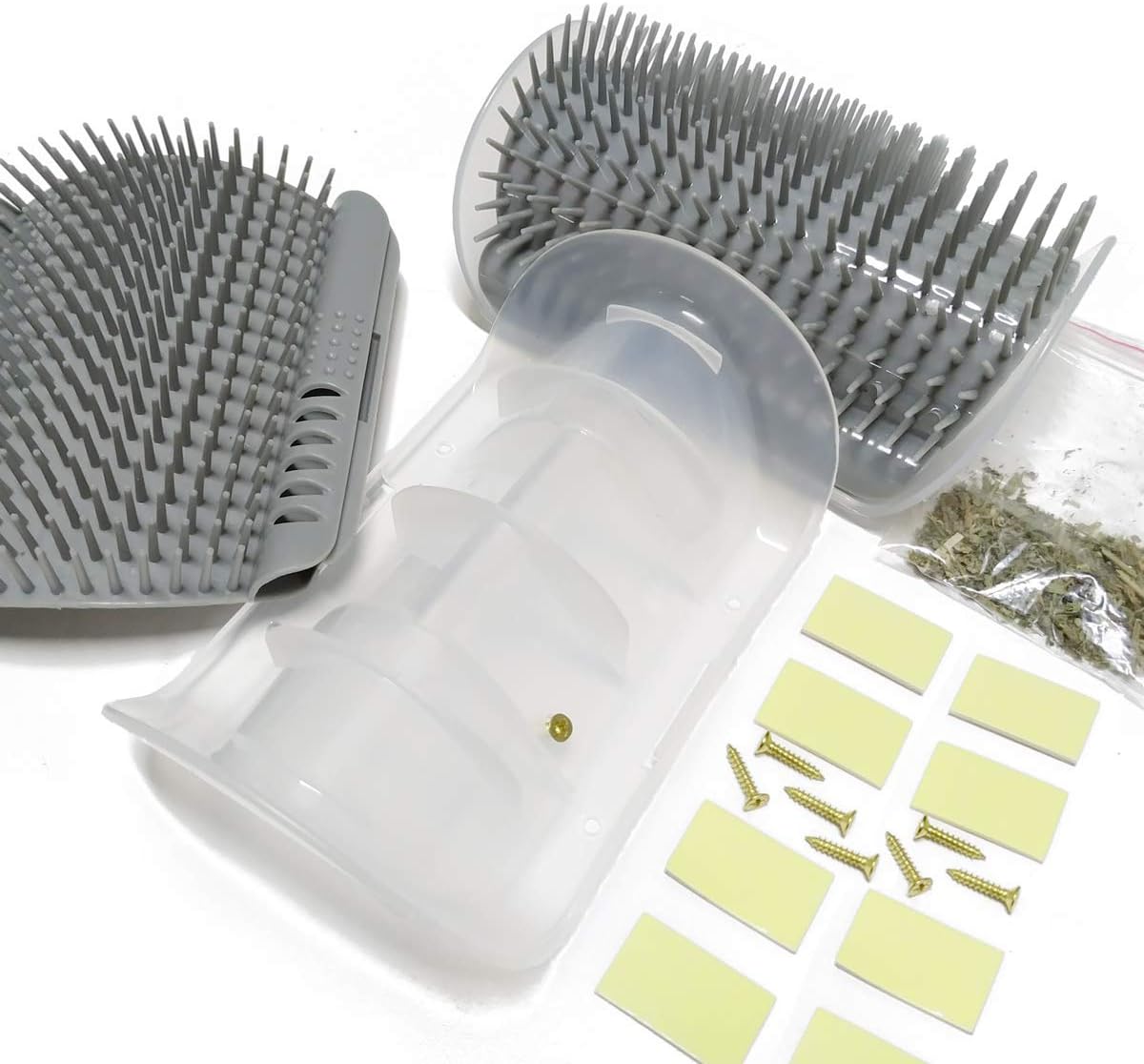 Yuntop 2 pack cat corner groomer package contents with screws and adhesive strips
