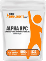 Back label of the BulkSupplements Alpha GPC Powder showing ingredients and dosage instructions.