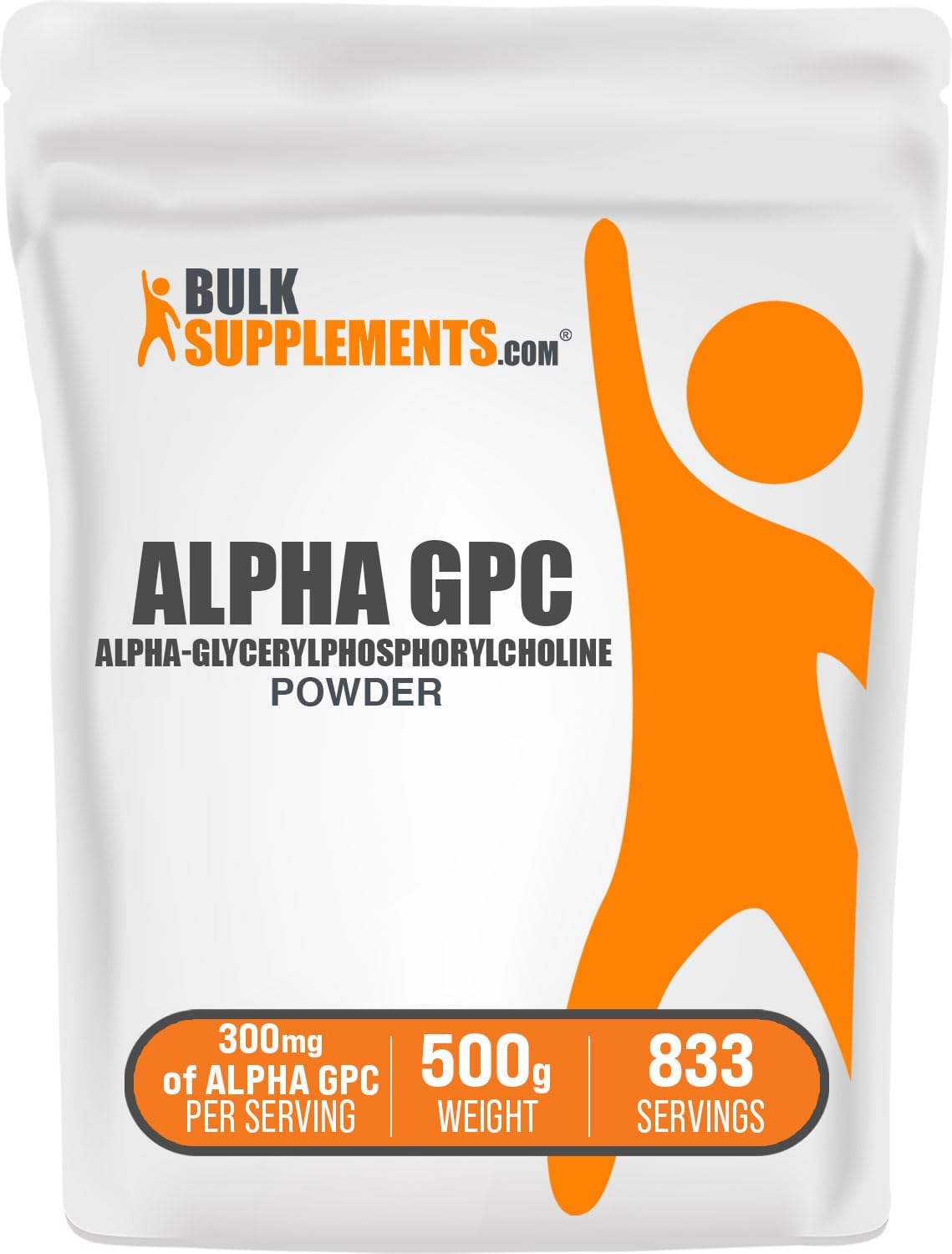 Back label of the BulkSupplements Alpha GPC Powder showing ingredients and dosage instructions.