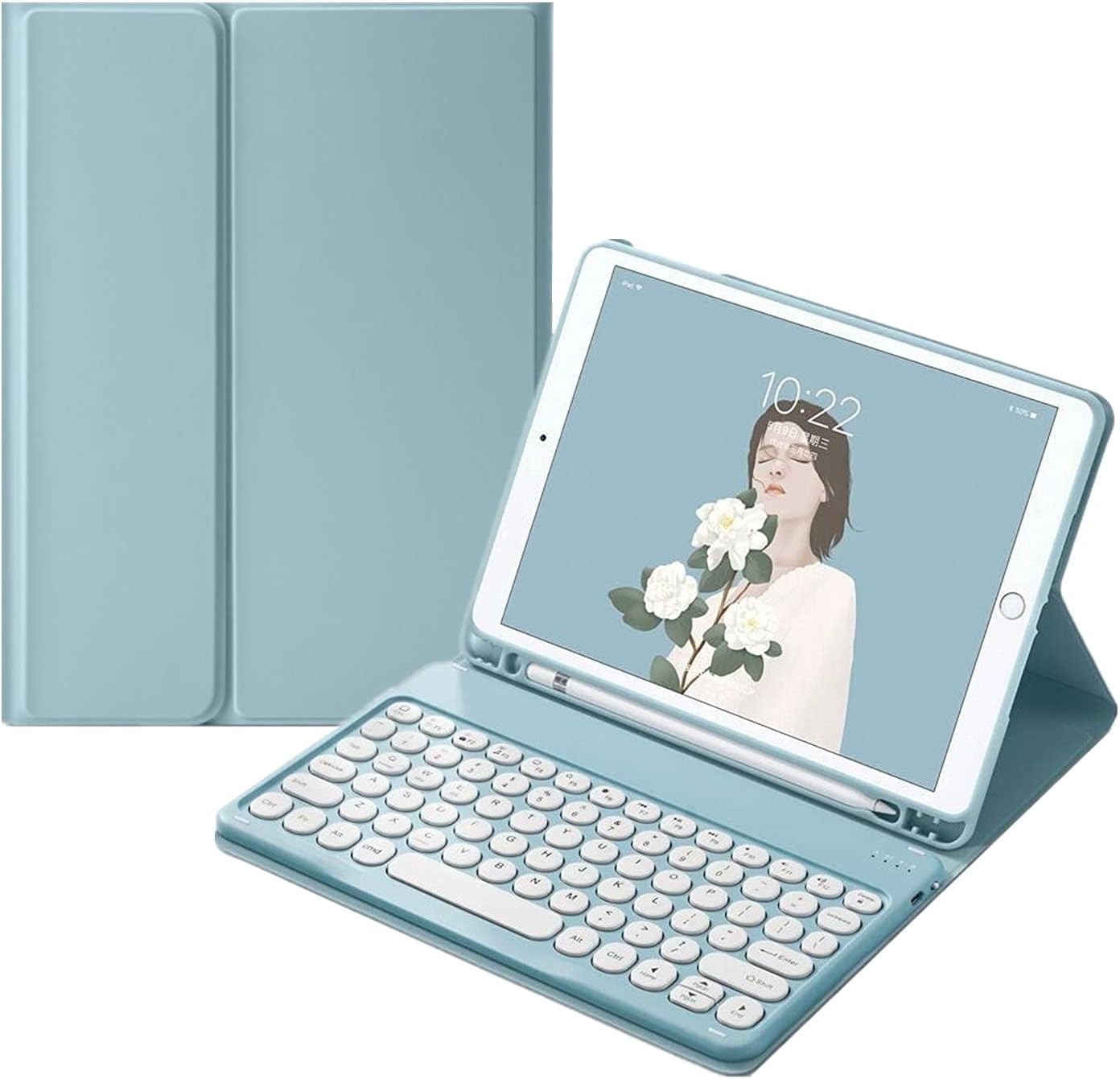 HENGHUI keyboard case for Galaxy Tab S9 front view showing Misty Blue aesthetic cover and round keys.