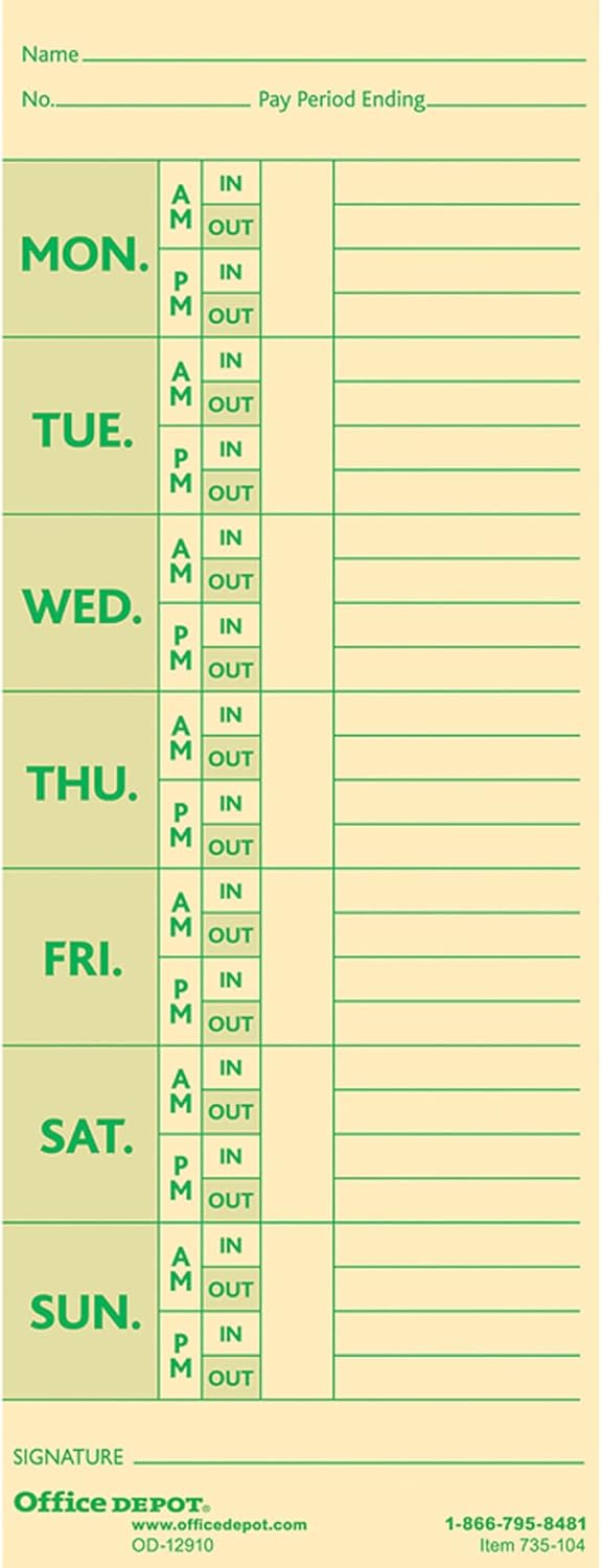 Office Depot brand time cards front view packaging and layout