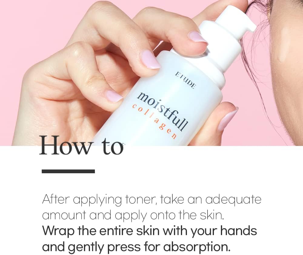 Applying lightweight non sticky ETUDE collagen moisturizer to face