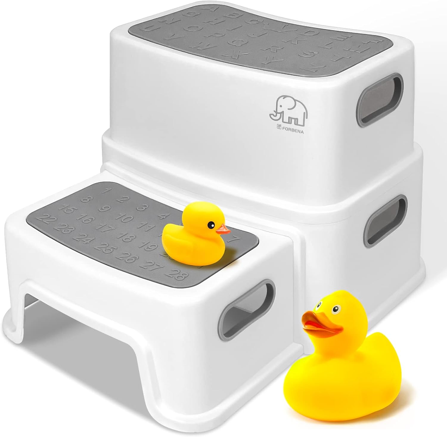 Forbena toddler step stool front view featuring dual height tiers in white and grey plastic.