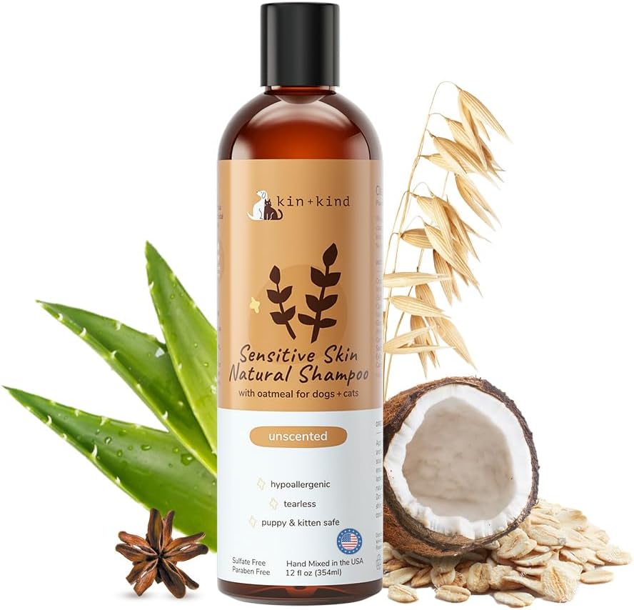 Kin+Kind Sensitive Skin Natural Dog and Cat Oatmeal Shampoo front view bottle