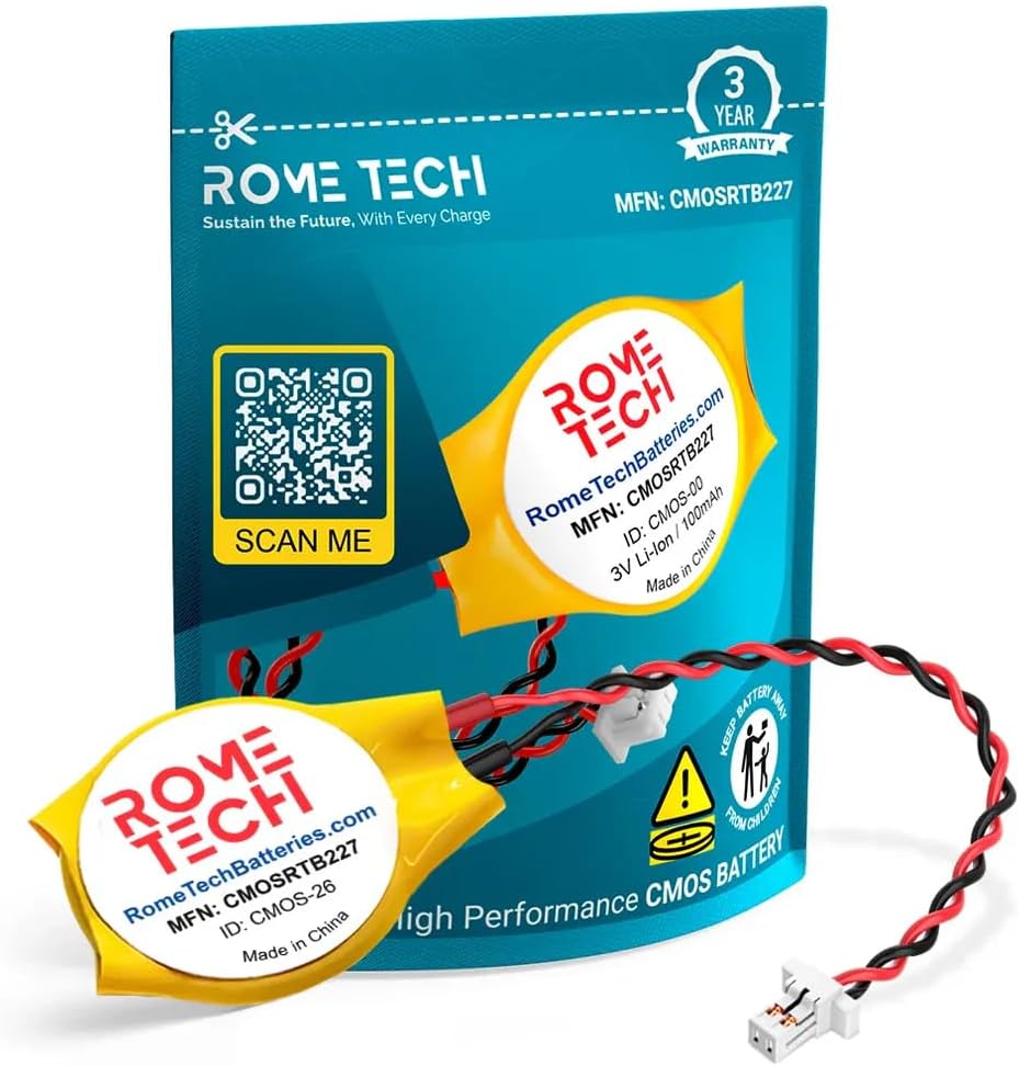 Rome Tech CMOS battery front view with two pin cable connector