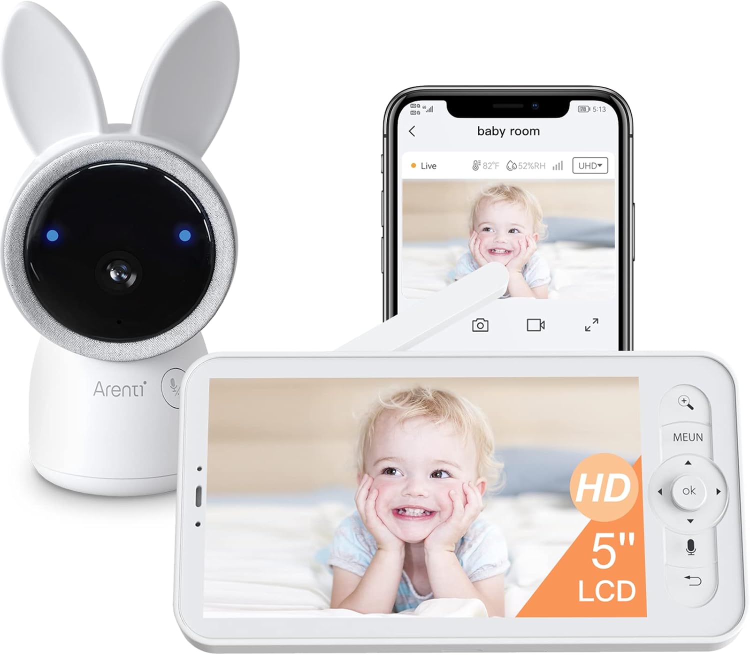 Arenti baby monitor front view of the 2K smart camera and wireless display