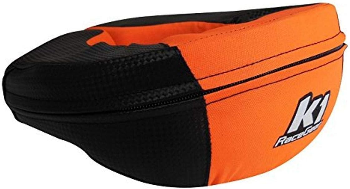 K1 RaceGear Junior Karting Neck Protector Brace front view in carbon fiber texture and orange trim.