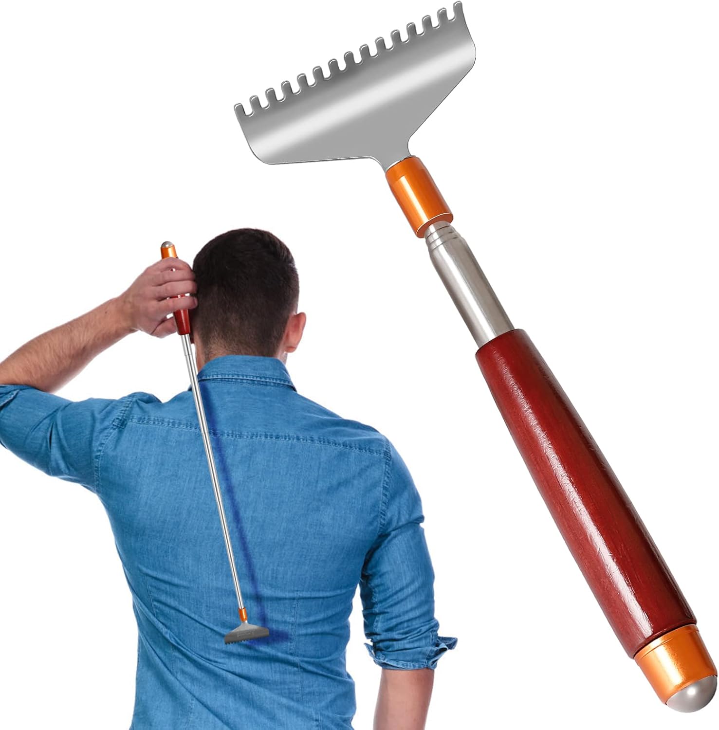 Azymi long oversize extendable back scratcher front view showcasing the extra wide stainless steel claw