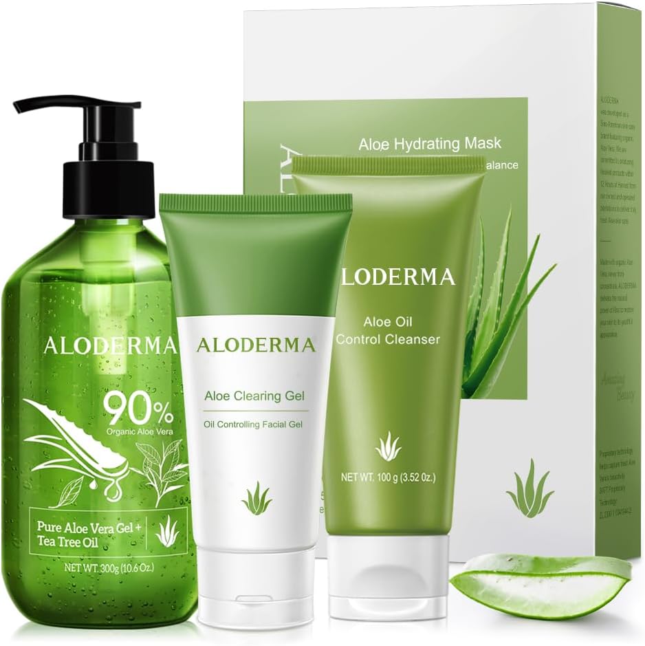 Aloderma Aloe Skin Clearing Set front view displaying the complete four piece skincare routine kit for blemish prone skin