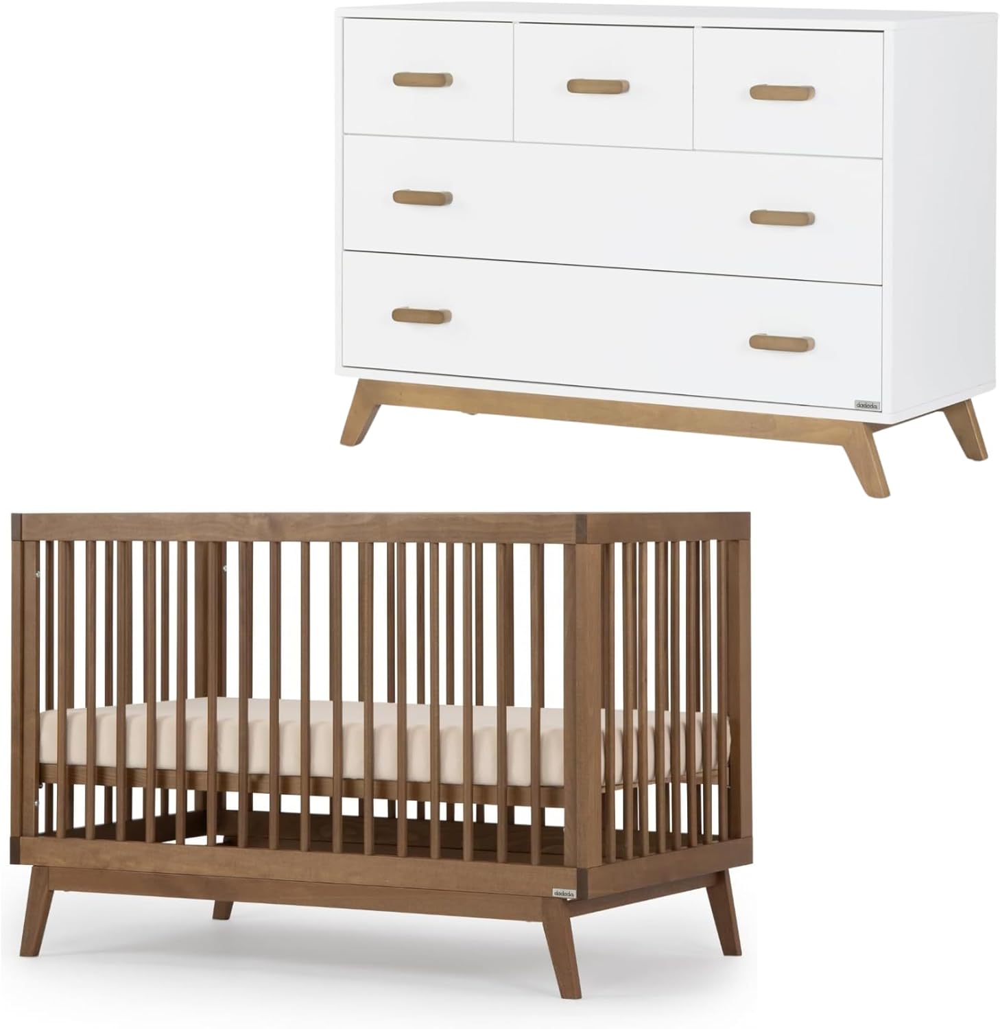 Dadada Soho baby nursery furniture set front view walnut crib and dresser combo