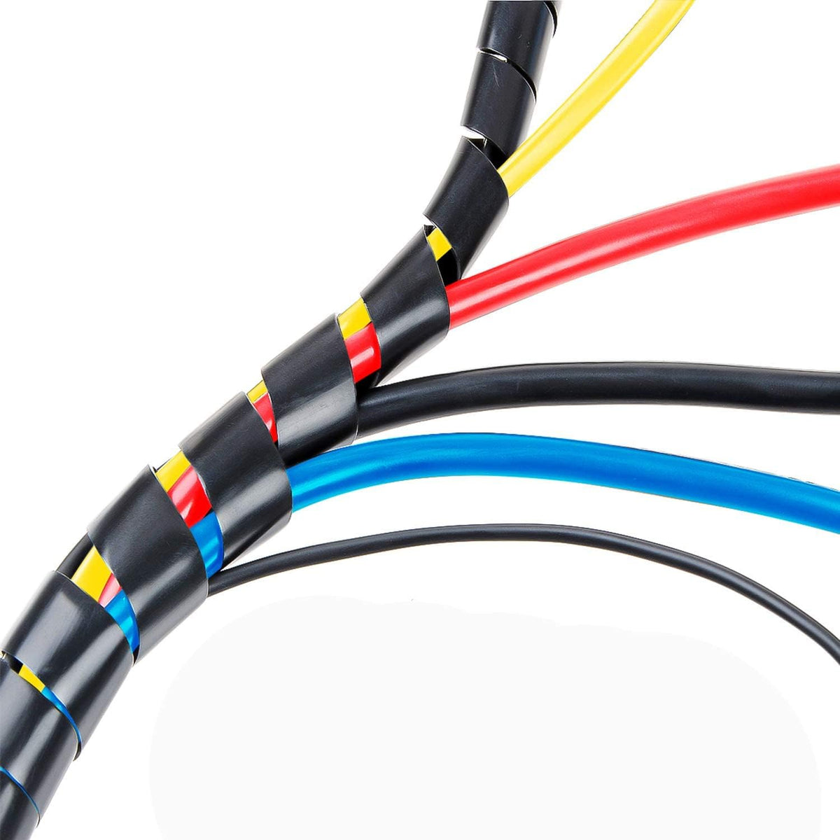XHF spiral cable wrap black fifty feet front view showing coiled flexible polyethylene material for wire organization.