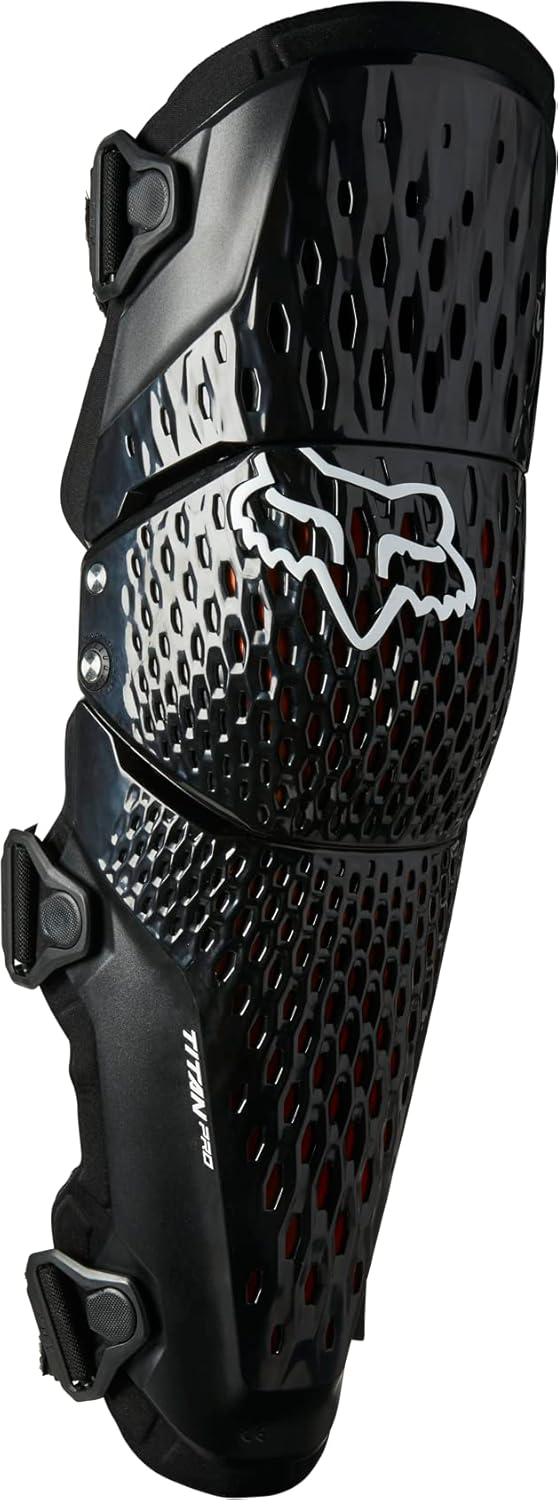 Fox Racing Titan Pro D3O Motocross Knee Guard front view showing black honeycomb exoskeleton structure