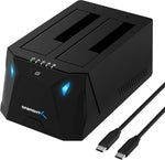 SABRENT dual bay hard drive docking station front view showing slots and power button