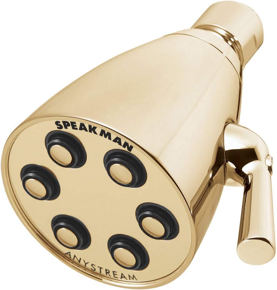 Speakman S-2252-PB-BP showerhead front view highlighting polished brass finish