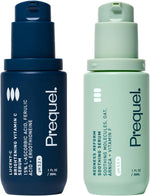 Prequel dermatologist-developed brightening and soothing facial serums on a clean background.