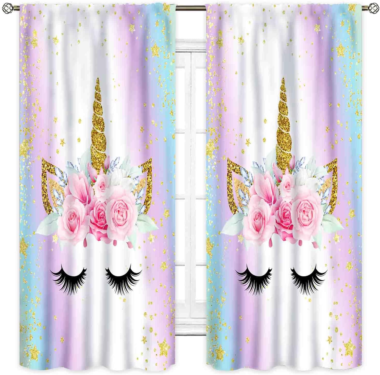 TKUYO Unicorn Curtains front view showing the pink gold ombre rainbow pattern hung on a bedroom window.