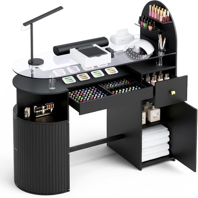 Manicure Table with Dust Collector, Professional Nail Tech Desk with Tempered Glass Top, Storage Cabinet & Drawer, Acetone Resistant, for Nail Beauty Salon Workstation(Black) - Image 1