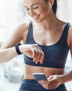 Lifestyle perspective of the midnight blue watch band worn on wrist.