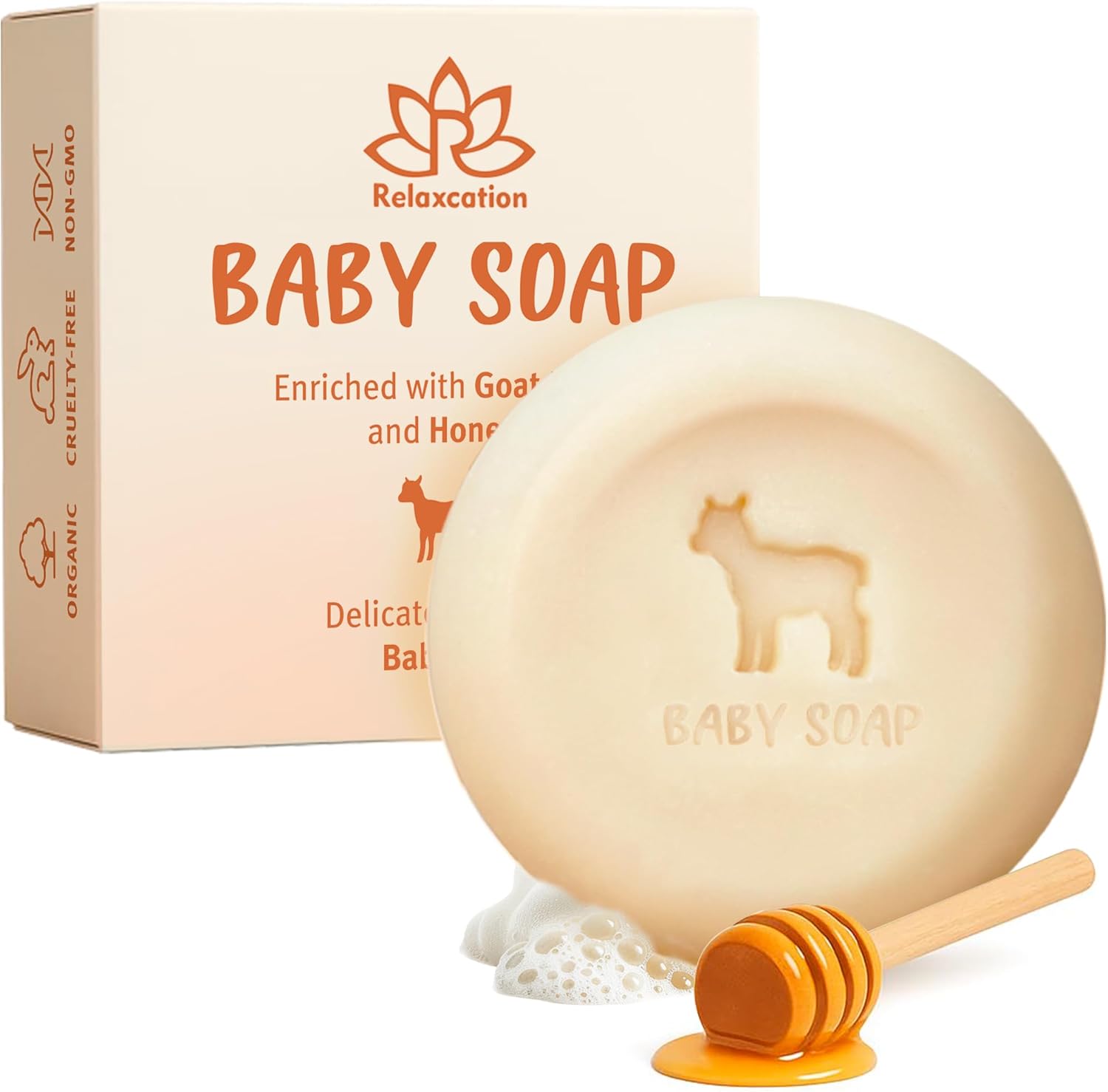 Relaxcation baby soap bar with goat milk and honey front packaging view