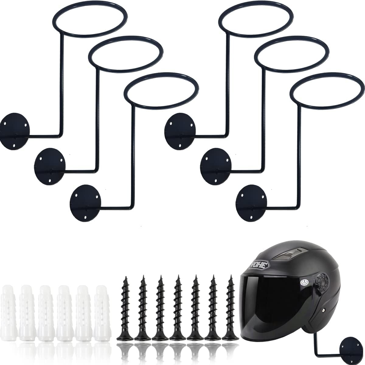 TIHOOD motorcycle helmet rack front view showing six piece metal wall mounted holder set with mounting hardware.