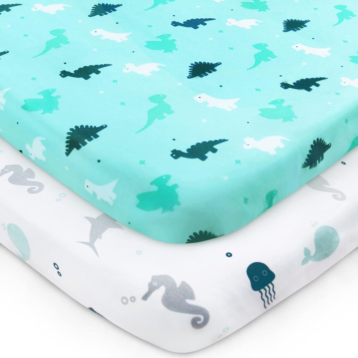 Pack and Play Sheets Fitted, Mini Crib Sheets 2 Pack, Playard Sheets Compatible with Graco Pack n Play, Ultra Soft Breathable Material, Dinosaurs - Image 1