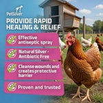 PetSilver antimicrobial chicken spray bottle highlighting benefits for pecking sores and bumblefoot