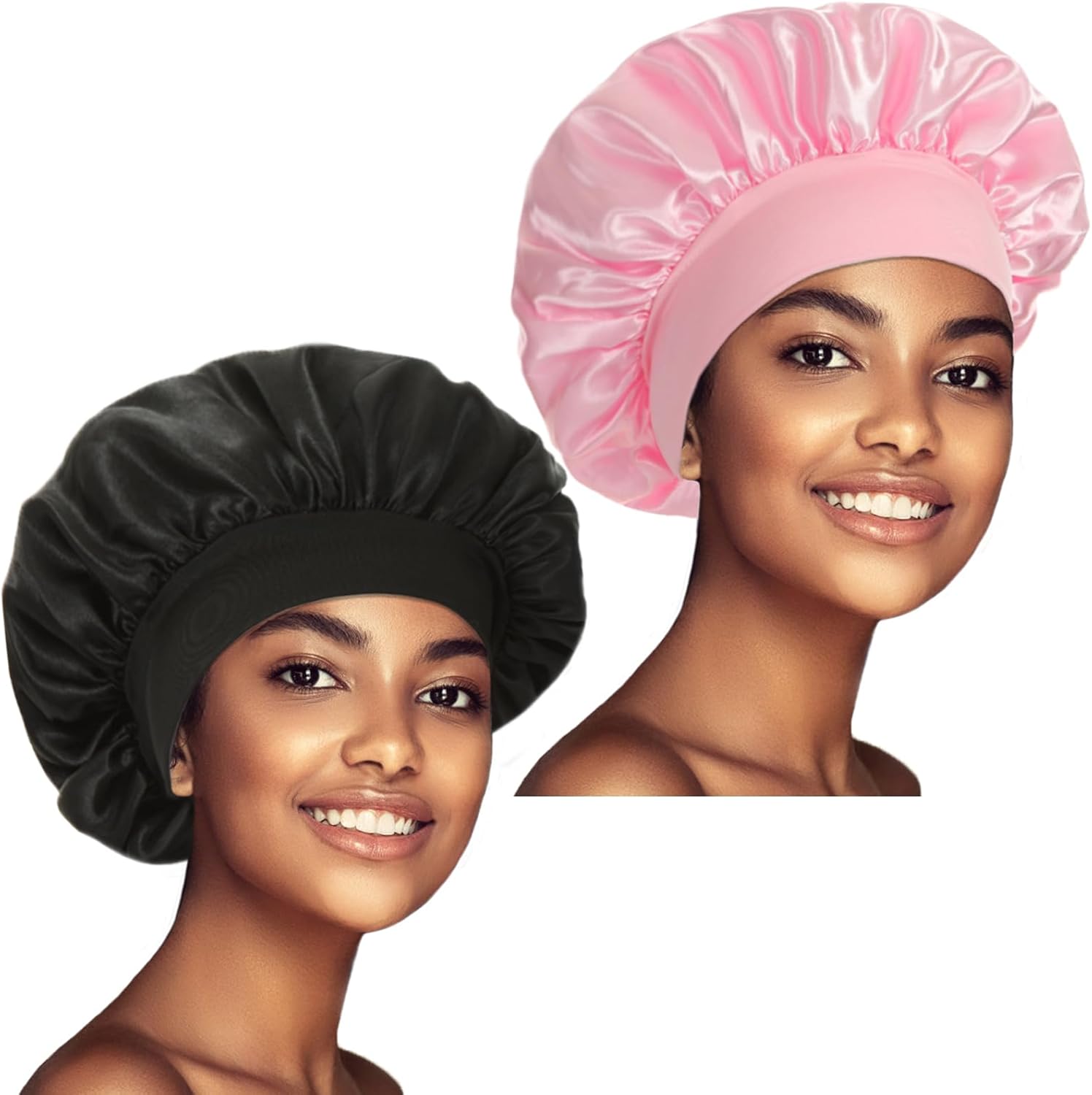 2 Pack Satin Bonnet Silk Bonnet for Sleeping Women, Hair Sleep Bonnets for Women, Wide Soft Band Large Sleep Cap for Curly Hair Braids - Image 1