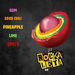 Rockaleta lollipop showing the layers and bubble gum center