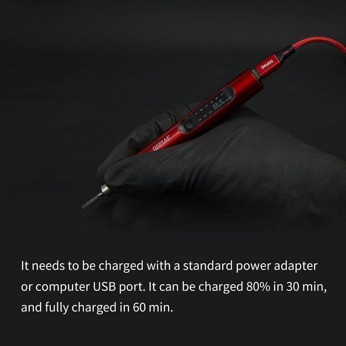 DSPIAE mini drill tool connected to Type-C charging cable