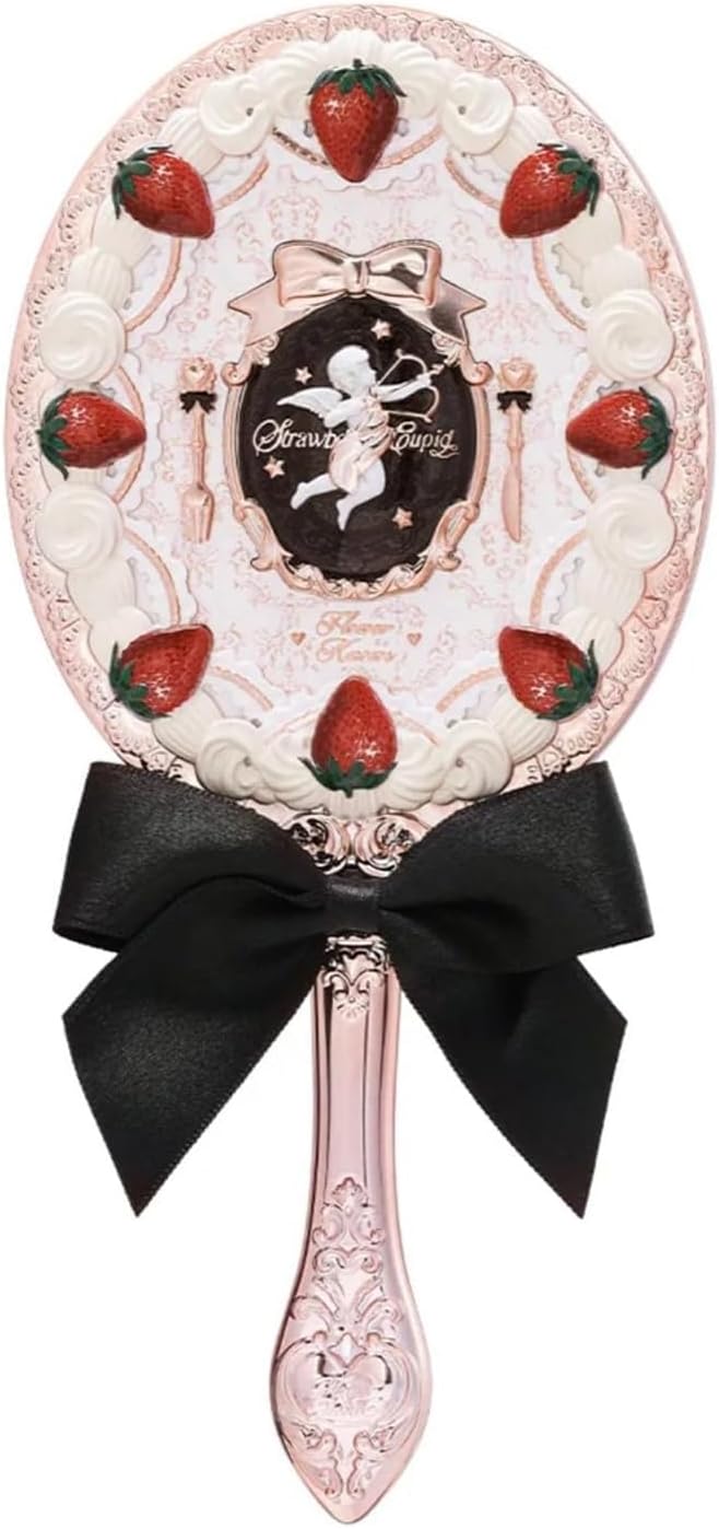 Flower Knows Strawberry Cupid Hand Mirror front view featuring vintage Rococo design.