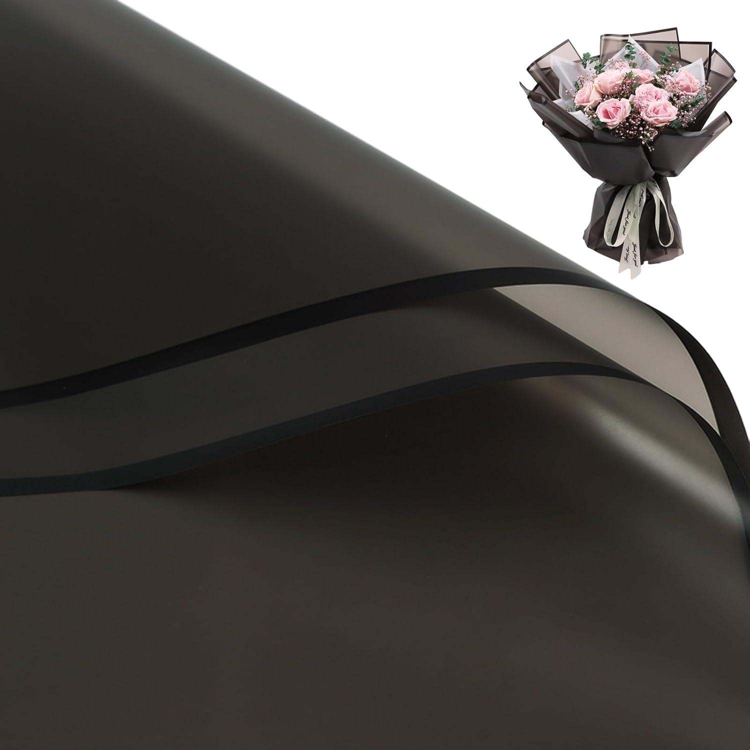 Gloreyan black flower wrapping paper front view of 20 sheets package showcasing matte transparent texture.