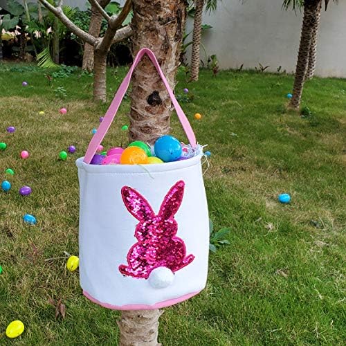 Poptrend pink paillette rabbit gift basket with fluffy white tail