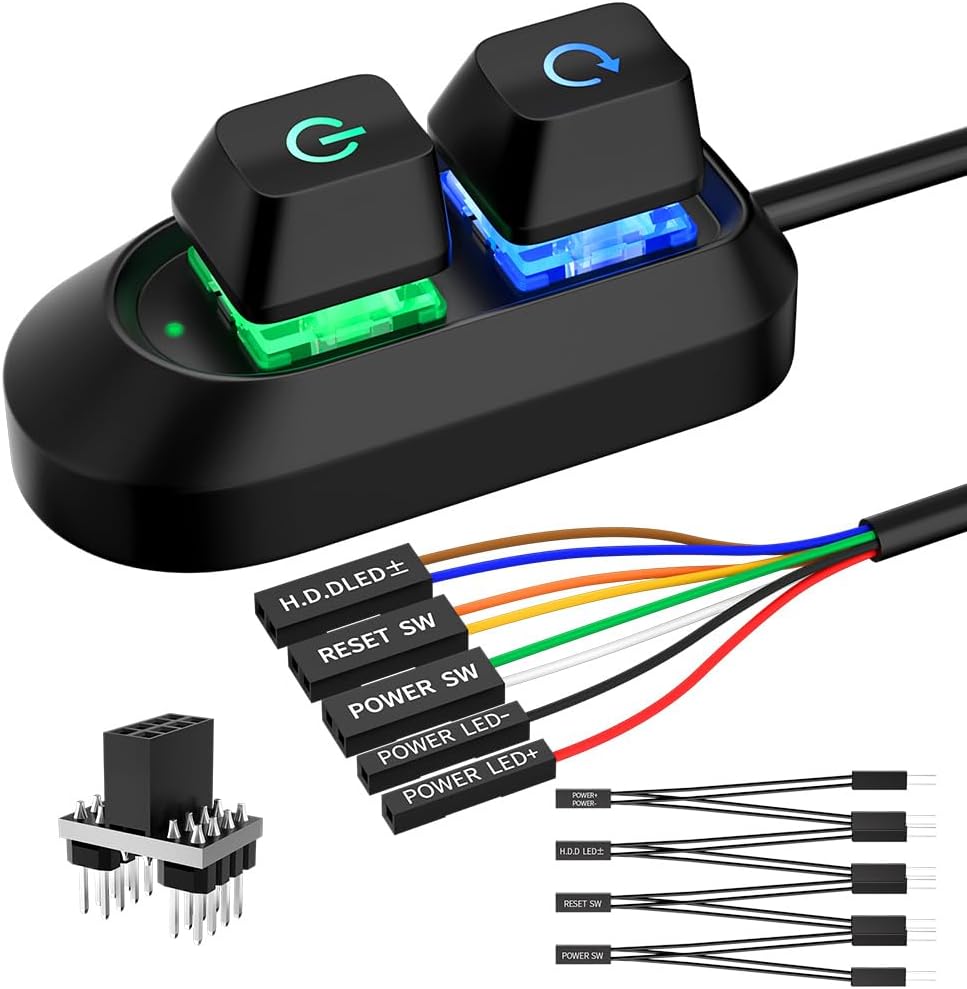 OwlTree PC Power Button desktop switch splitter front view showing dual buttons on desk surface.