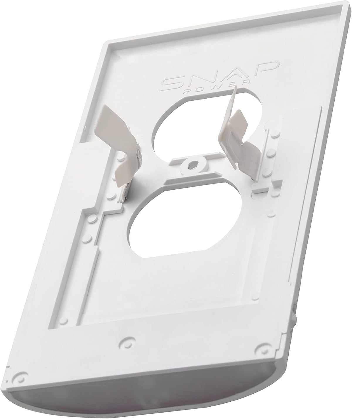 SnapPower wall plate revealing rear power contact prongs