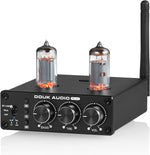 Douk Audio P6 MINI vacuum tube preamplifier front view showing control knobs and glowing tubes.