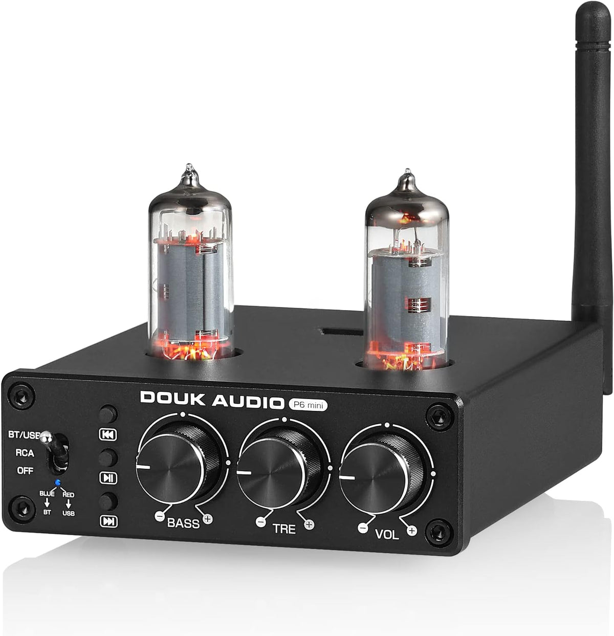 Douk Audio P6 MINI vacuum tube preamplifier front view showing control knobs and glowing tubes.