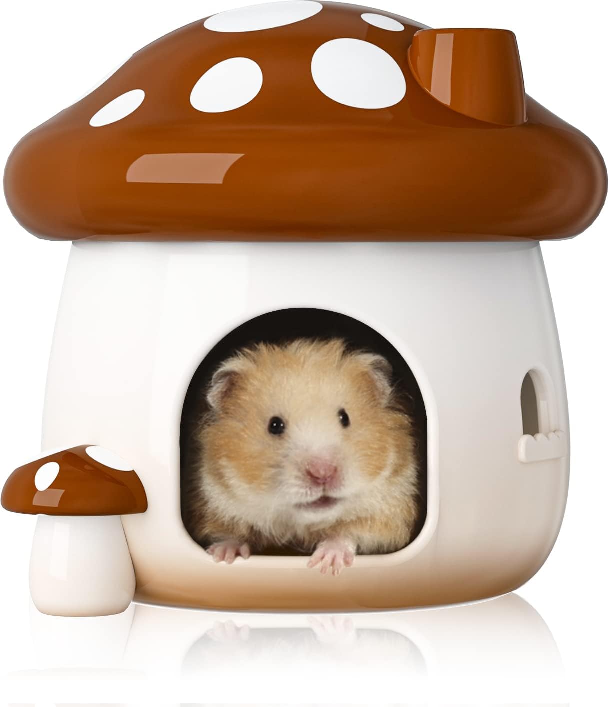 BUCATSTATE Hamster Hideout Ceramic, Mushroom Shape Hamster House and Habitats Cool Bed Ideal for All Season Dwarf Hamster Gerbil Mice Golden Bear (Brown-Large) - Image 1
