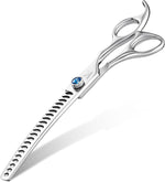 Professional pet stylist using JASON curved thinning shears on dog coat