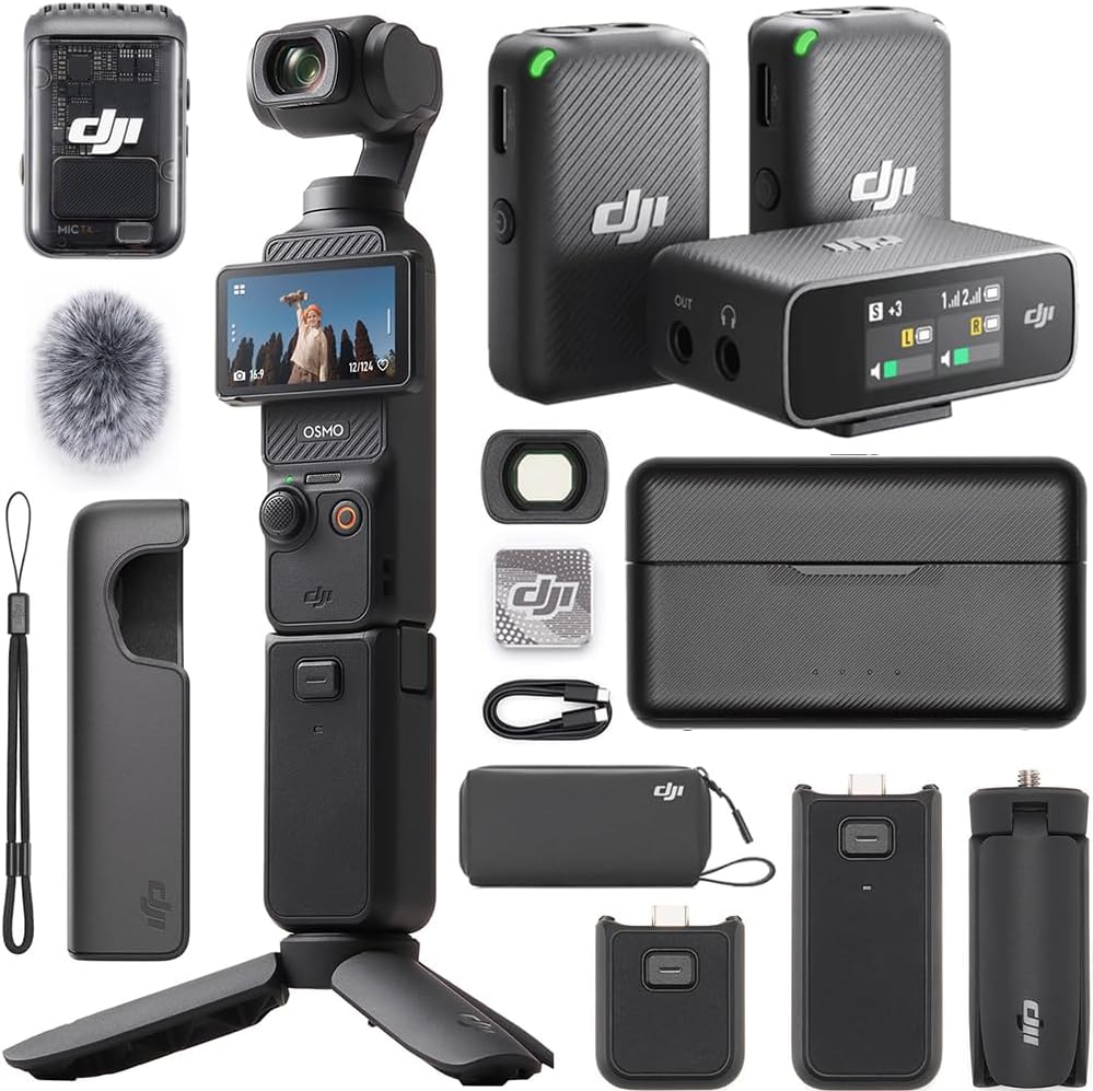 DJI Osmo Pocket 3 Creator Combo front view showing the rotatable screen and camera head