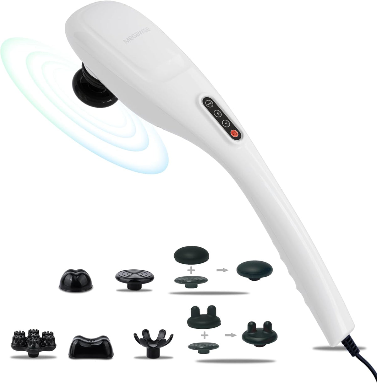 MEGAWISE handheld deep tissue back massager front view showing the sleek pearl white ergonomic design.