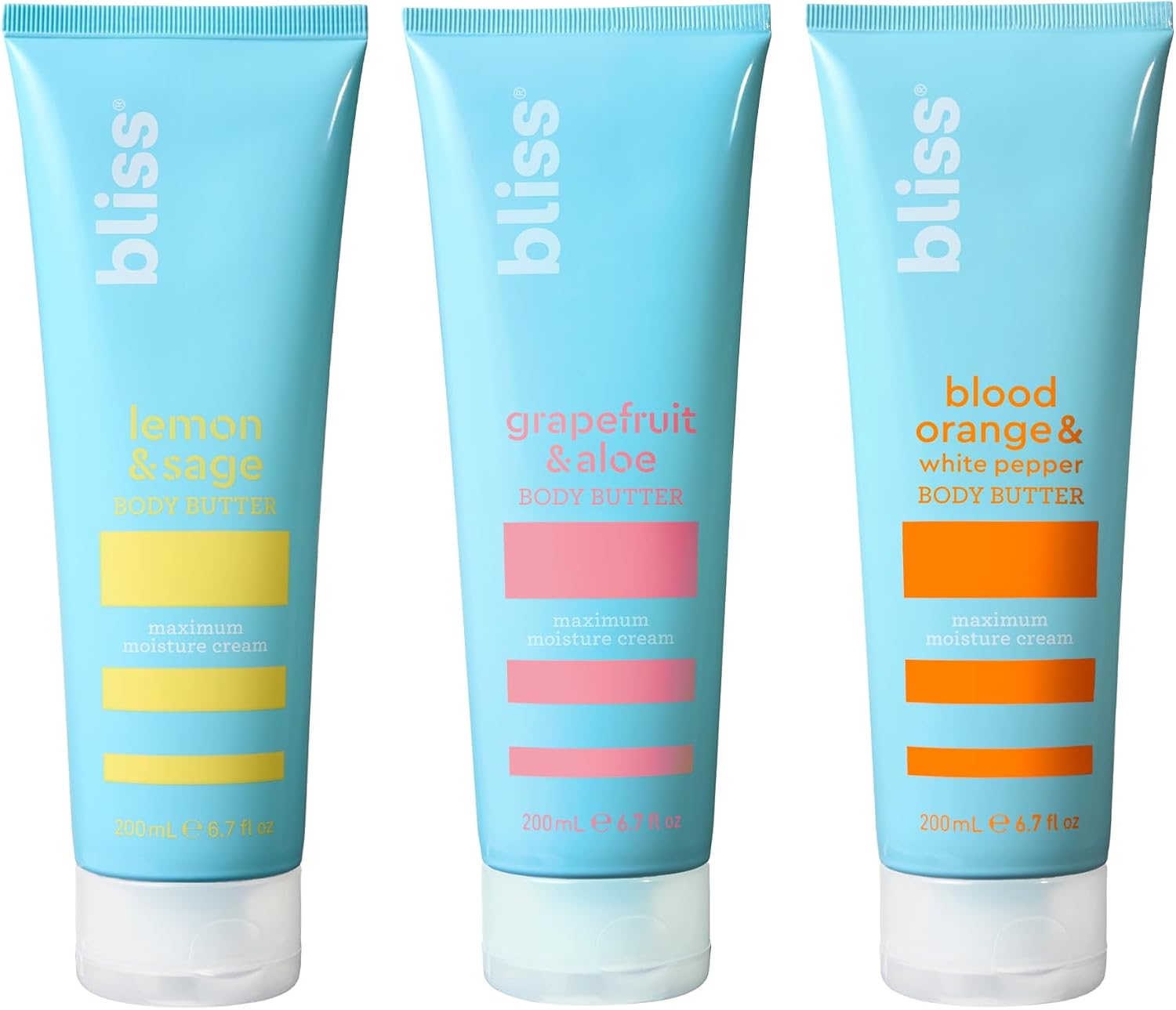 Bliss Body Butter Lotion Trio front view showing three premium moisturizer tubes.