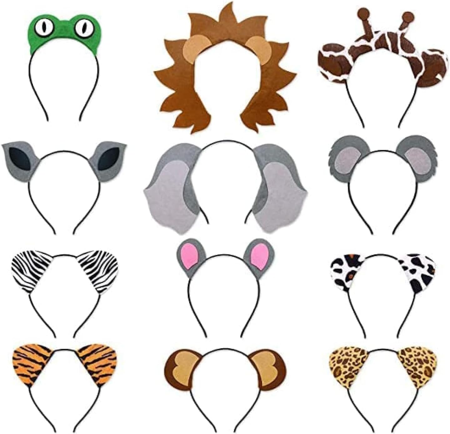 CiyvoLyeen jungle animal safari headbands front view showing twelve unique plush felt hair hoops for parties