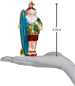 Old World Christmas Surfer Santa holiday decoration side profile showing glitter accents