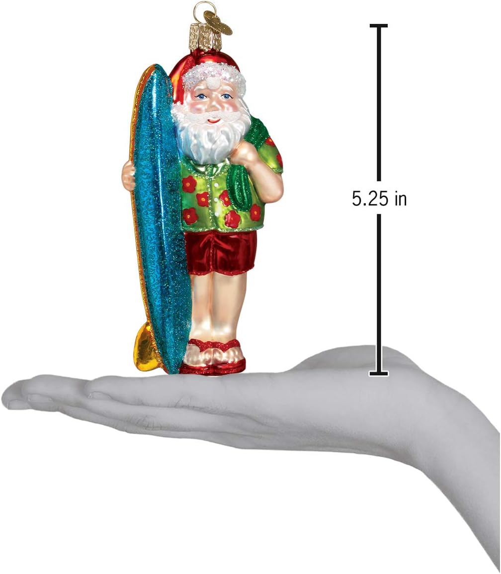 Old World Christmas Surfer Santa holiday decoration side profile showing glitter accents