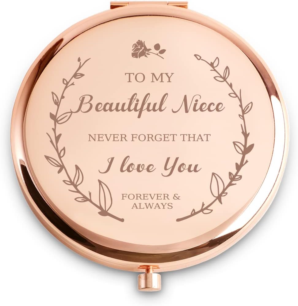 QUSTGO personalized compact mirror front view showing engraved message to niece