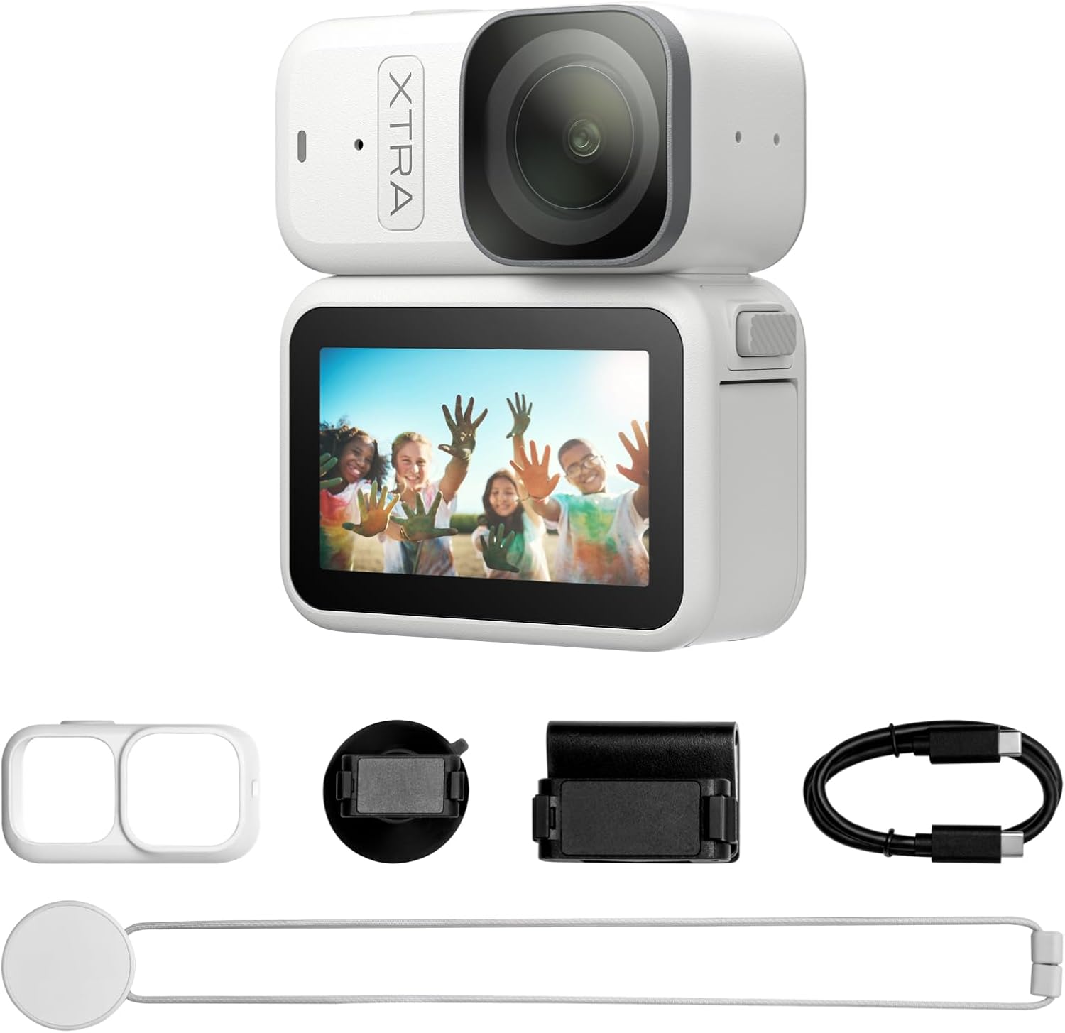 Xtra Edge Atto Wearable 4K Action Camera front view showcasing the compact white body and wide angle lens element.